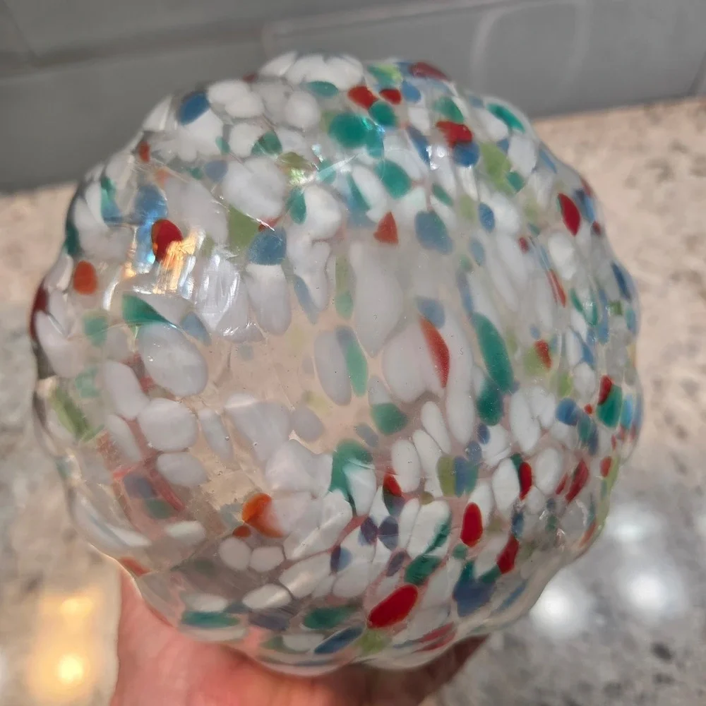 Hand Blown‎ Confetti Glass Vase Ruffled Rim Multi Color Splatter Art Glass 6.5